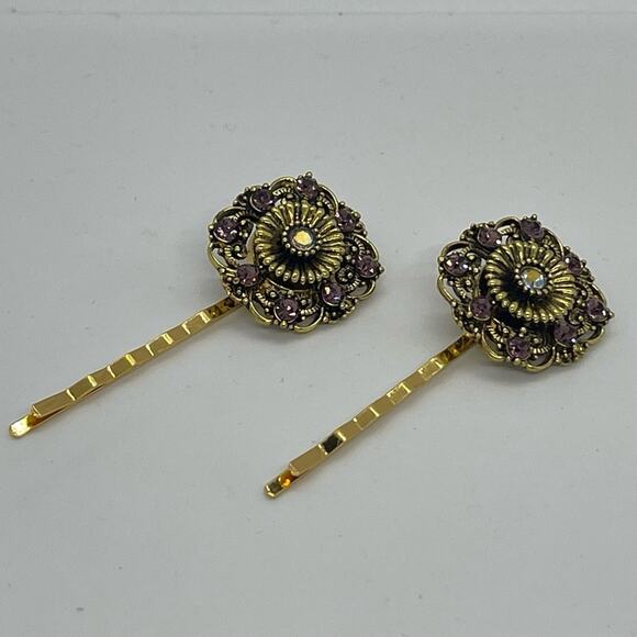 Handmade Brown Rhinestone Gold Set Hair Clips HoCo Wedding Fairy Jewelry NWT - Picture 6 of 6